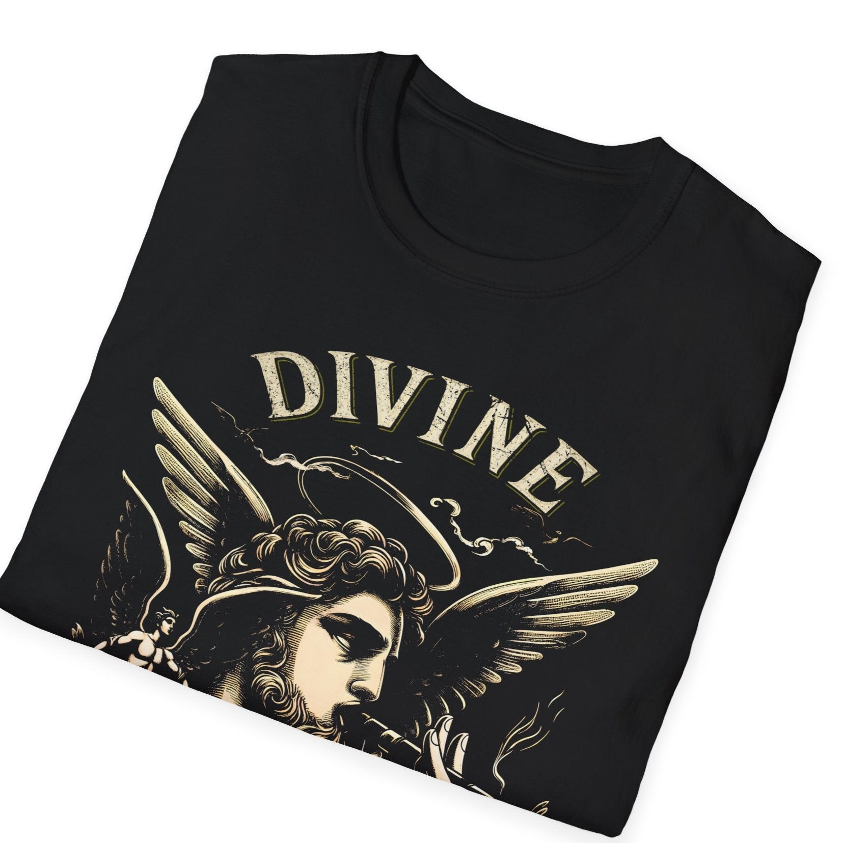 Black folded t-shirt with vintage angel design featuring wings, smoking cigar, "DIVINE" text in retro gold lettering
