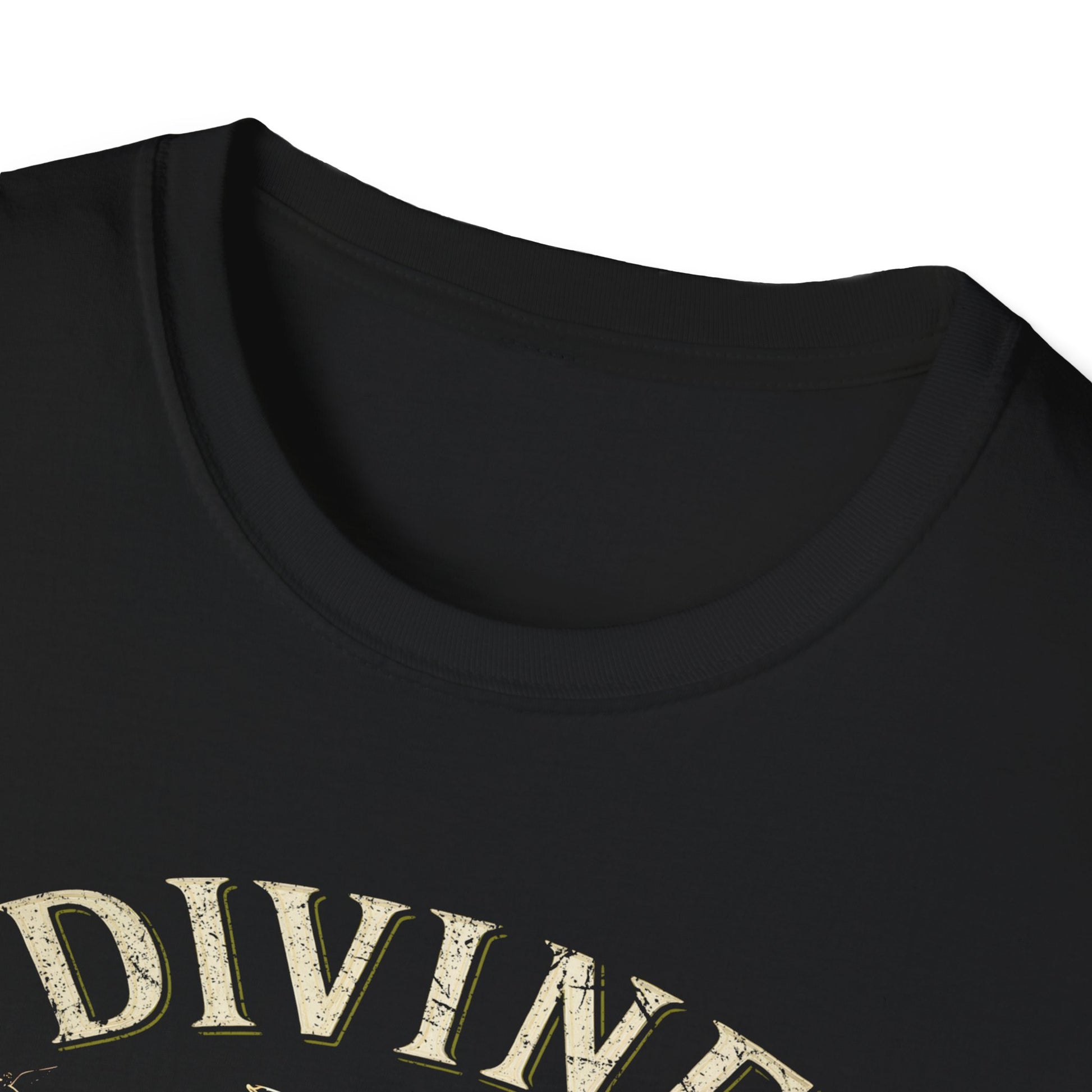 Close-up of black Gildan 64000 t-shirt showing the quality of crew neck collar and vintage lettering with distressed texture