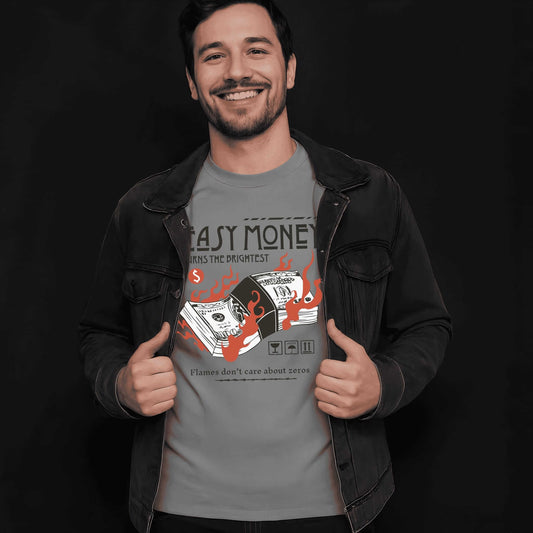 Money-themed design featuring cash stacks, fire effects, and "Easy Money" text on the gray tee shirt.