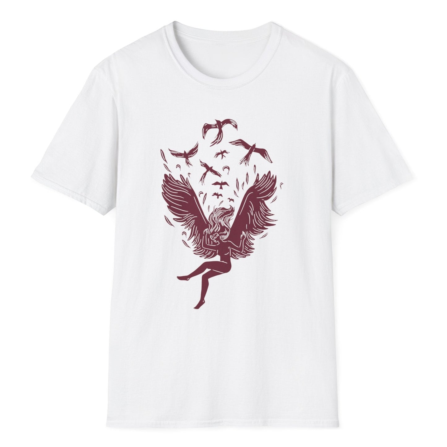 Striking winged angel artwork in deep red featuring elaborate graphic design and celestial imagery on the white t-shirt.