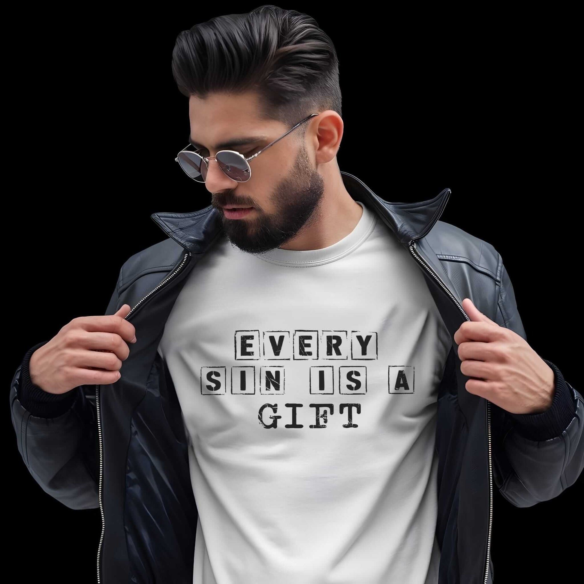 "Every Sin Is a Gift" text in black letter blocks arranged in intersecting horizontal and vertical lines on a white t-shirt
