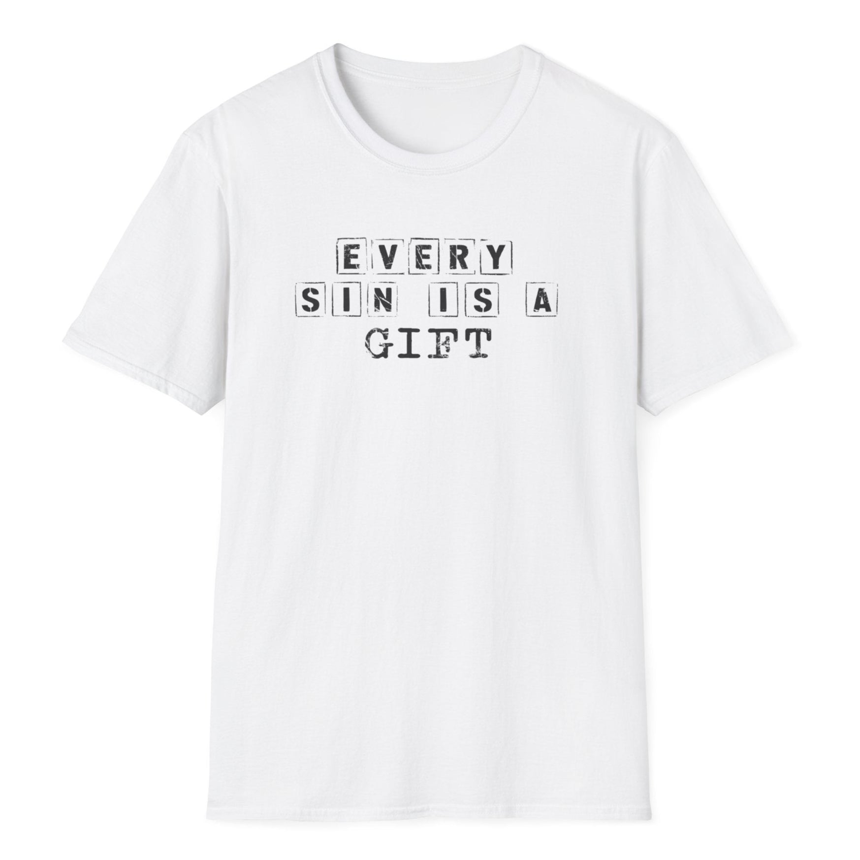 "Every Sin Is a Gift" in dark crossword puzzle blocks with intersecting words creating geometric grid pattern on a white tee