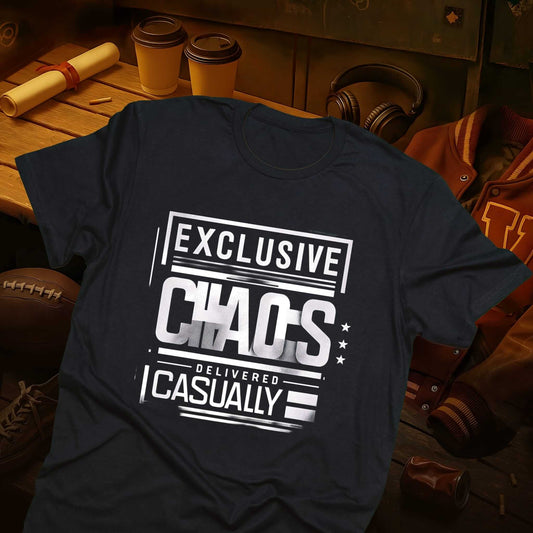 Exclusive Chaos Delivered Casually graphic t-shirt with bold white typography on dark, modern urban street-style design