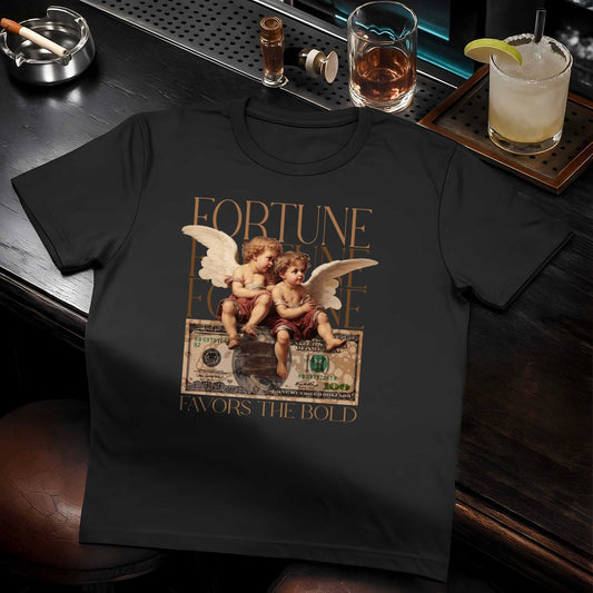 Black t-shirt featuring two winged angels over distressed hundred dollar bill with gold "FORTUNE FAVORS THE BOLD" lettering