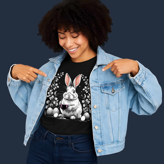 White rabbit holding red wine glass surrounded by oval floral border with Easter eggs, botanical leaves on the black t-shirt.