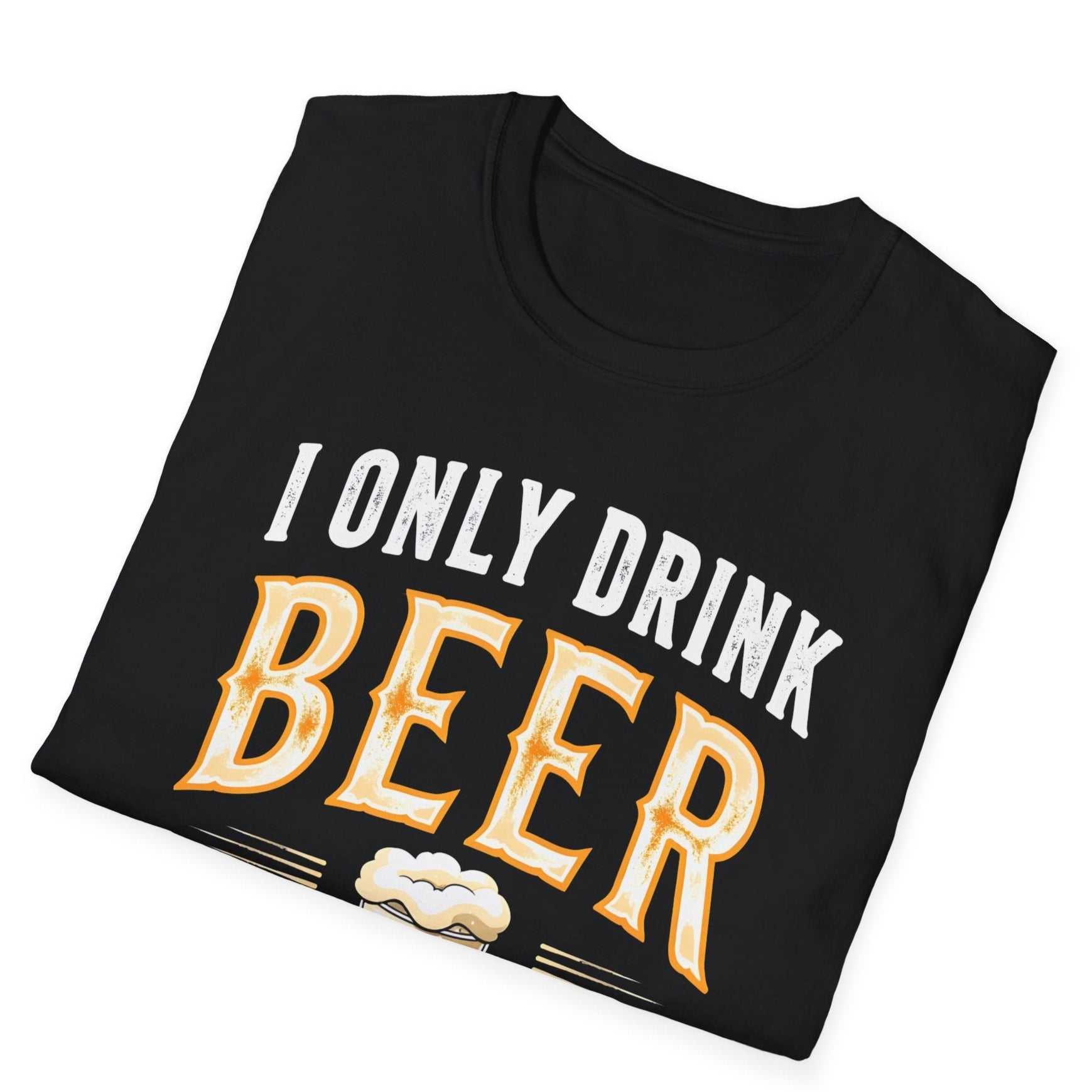 Folded black t-shirt showing "I ONLY DRINK BEER" text with golden yellow lettering and white foam beer cloud detail on fabric