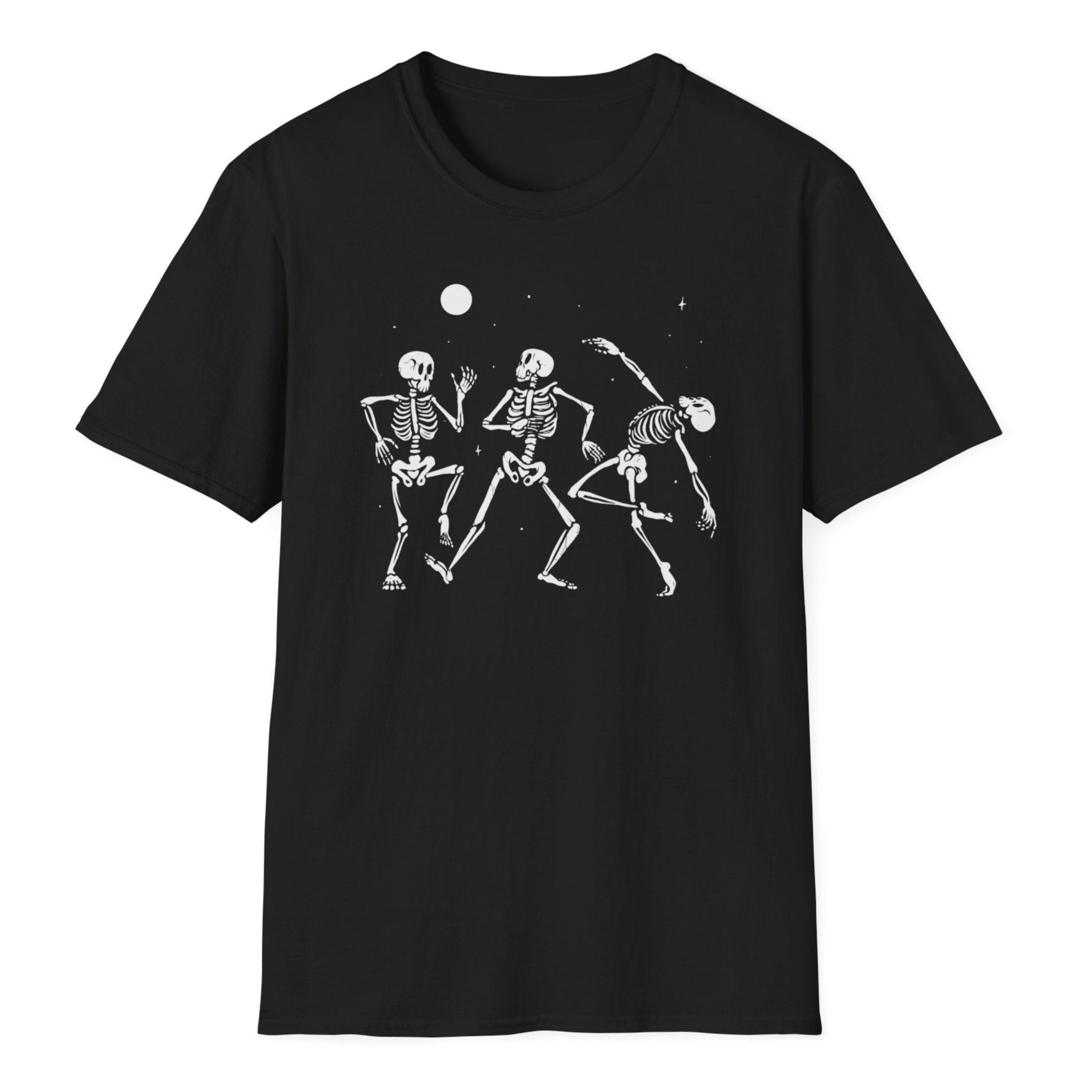 A dancing skeleton trio in various dance moves with the moon and starry night sky above them on a black color t-shirt.