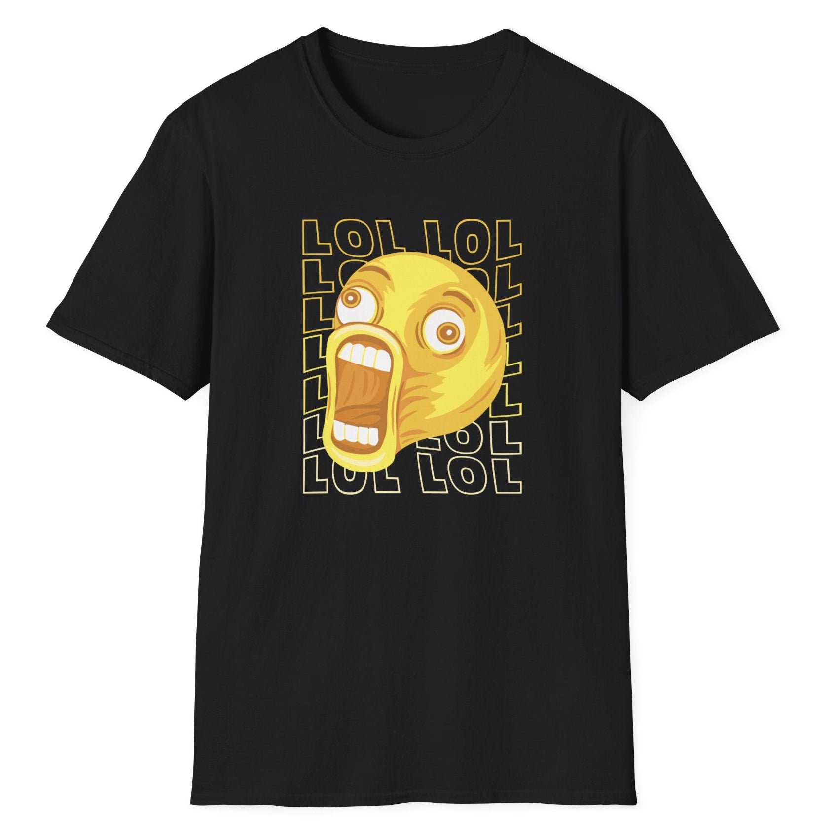 Black tee featuring a bright yellow sarcastic face surrounded by "LOL" letters, shown in a casual bar setting with cocktails.