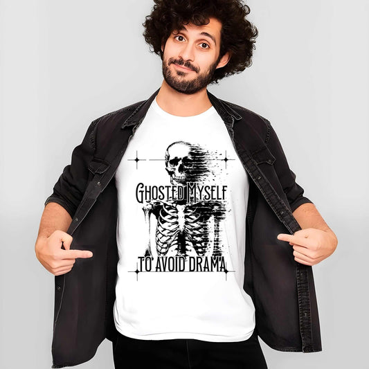 Black skeleton design with "GHOSTED MYSELF TO AVOID DRAMA" text, featuring skull and ribcage with distressed effect.
