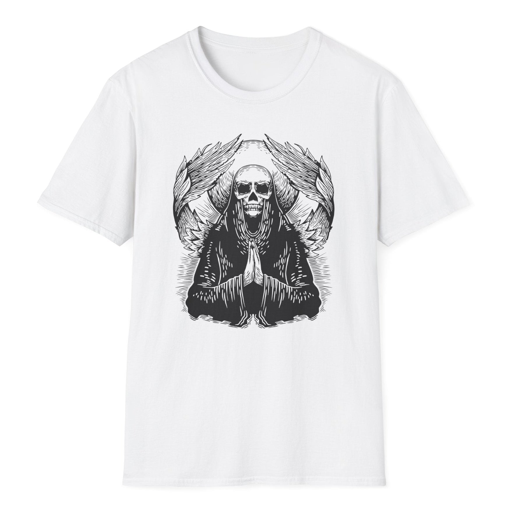 Intricate gothic skull angel with flowing robes and detailed wing feathers, hands pressed together in solemn prayer position.