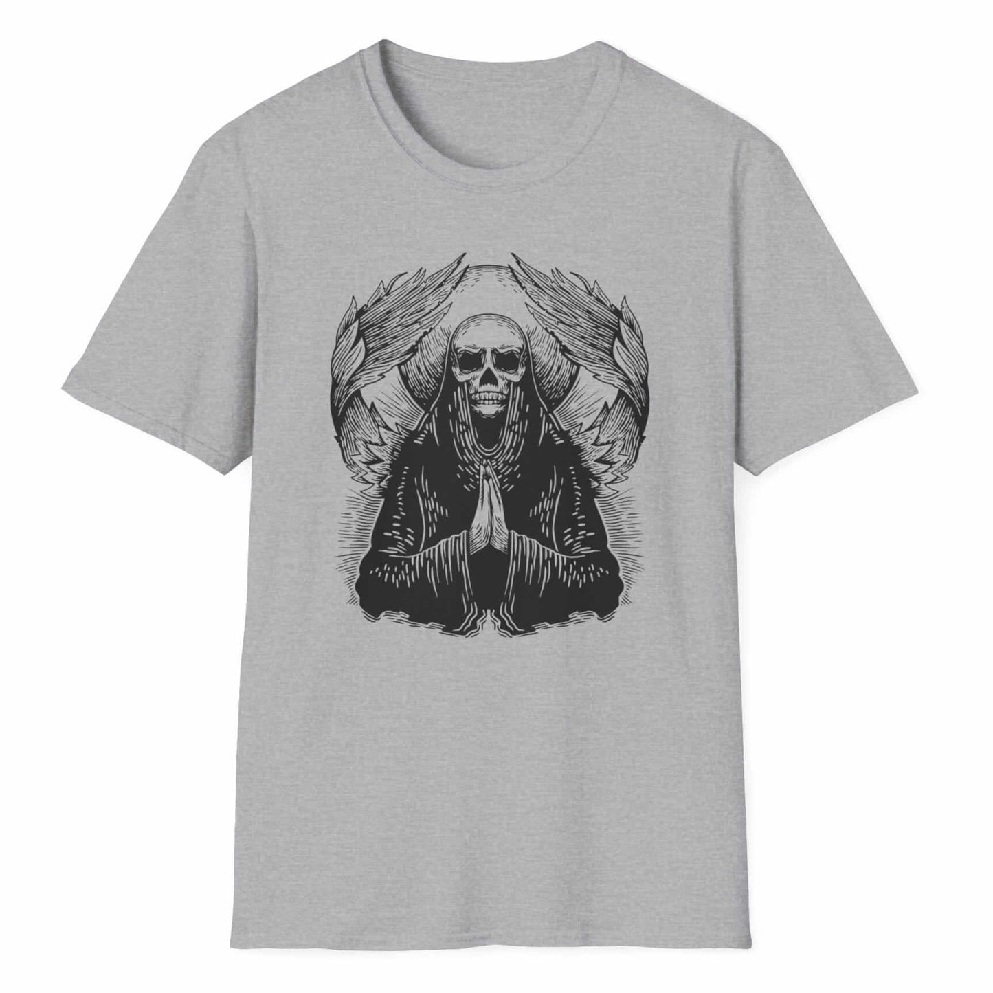 Skeletal angel figure in prayer pose, featuring intricate wing details and executed in classic engraving linework technique.