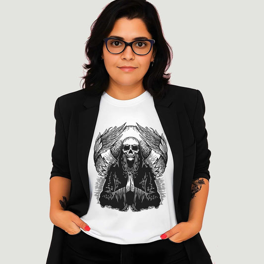 Gothic praying angel with detailed feathered wings spread wide, rendered in black ink cross-hatching style on the white tee.