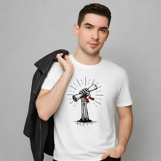 A skeletal hand emerging from cracked ground, gripping diploma and red ribbon, surrounded by sunburst rays in black line art.