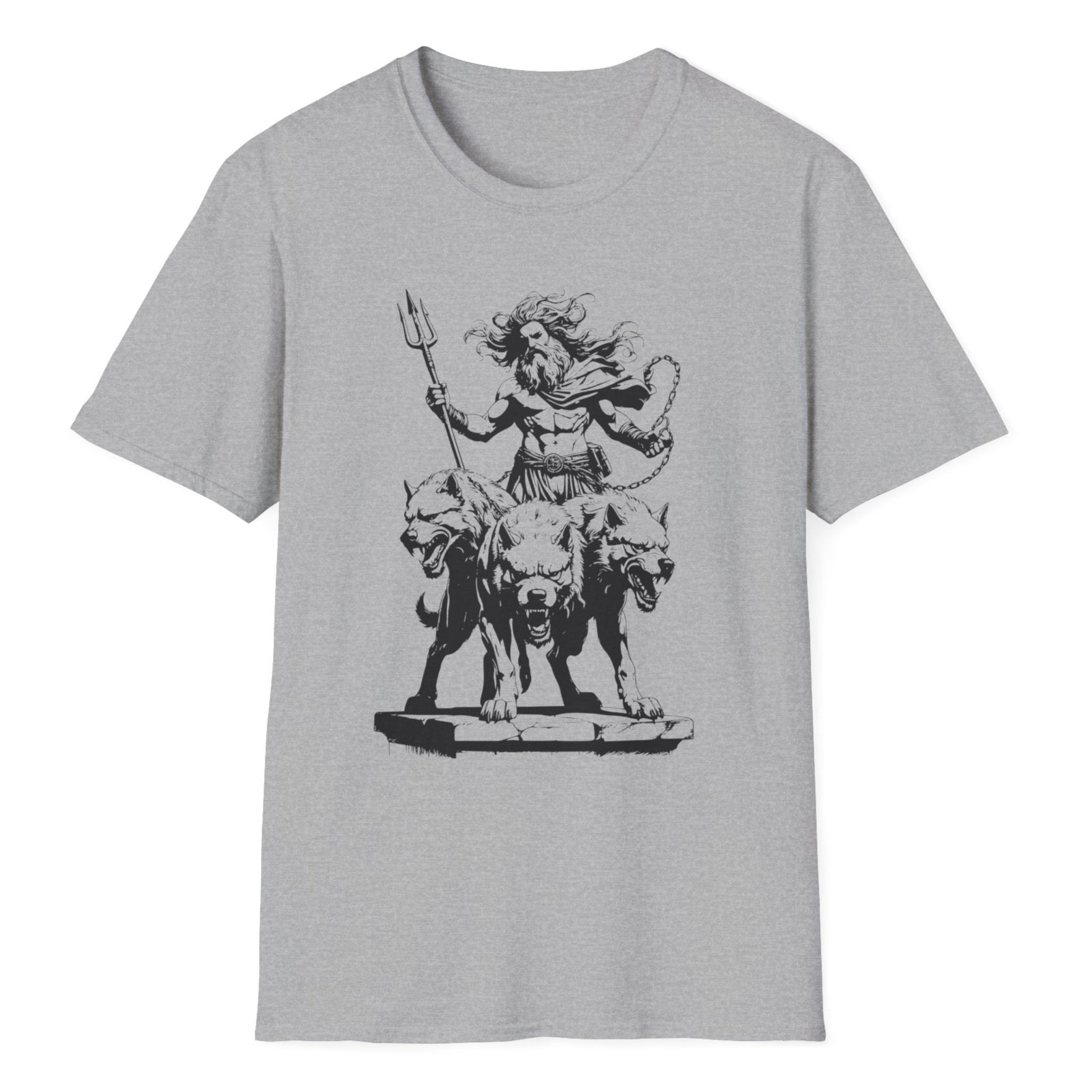Gothic sketch of Hades god holding chains and staff above menacing three-headed Cerberus with bared fangs