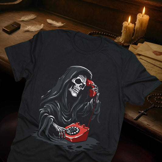 Black t-shirt with Grim Reaper answering red rotary phone design, Heaven Can Wait collection by Vice & Tees t-shirt brand