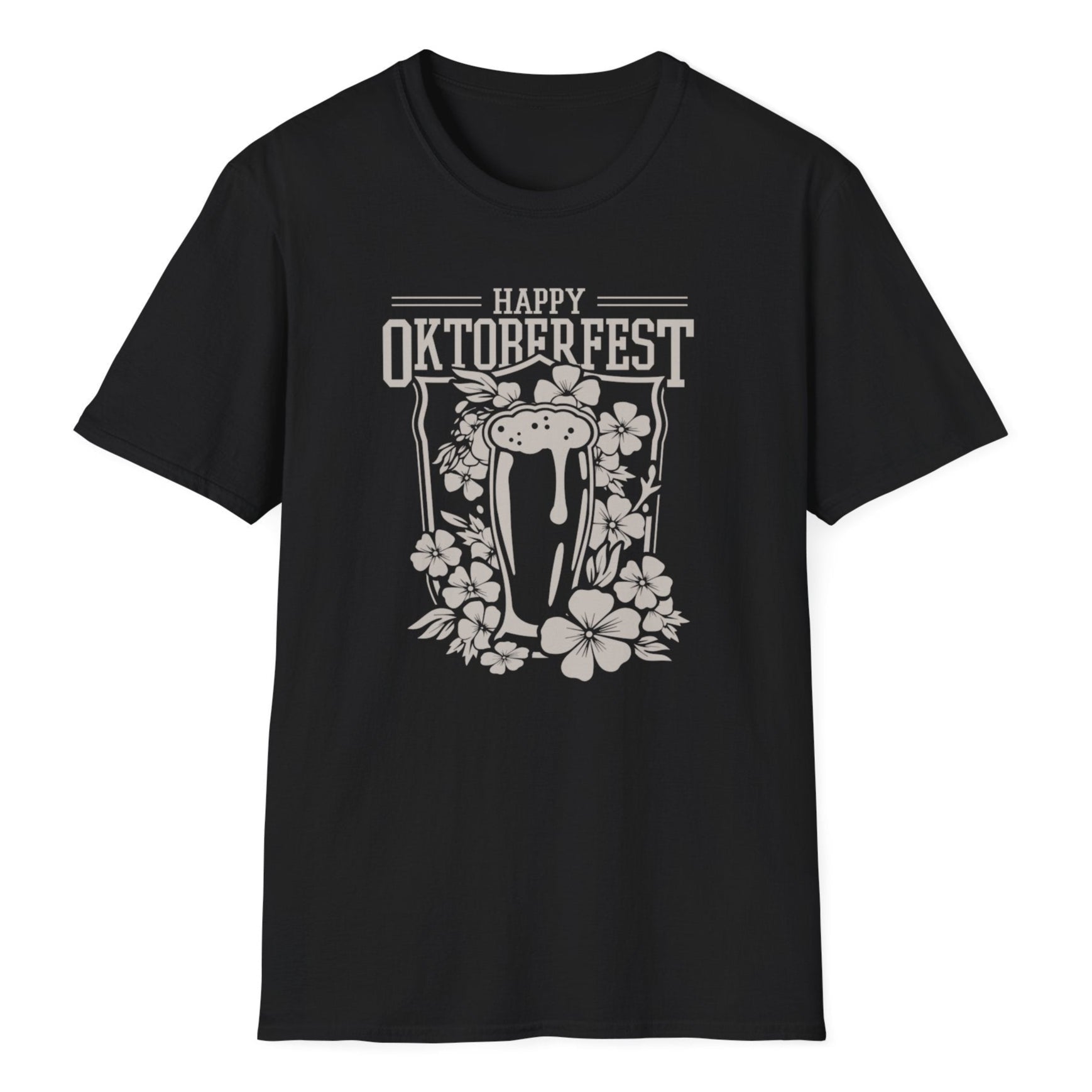 Happy Oktoberfest text with frothy beer mug surrounded by detailed floral border featuring flowers and leaves in white design
