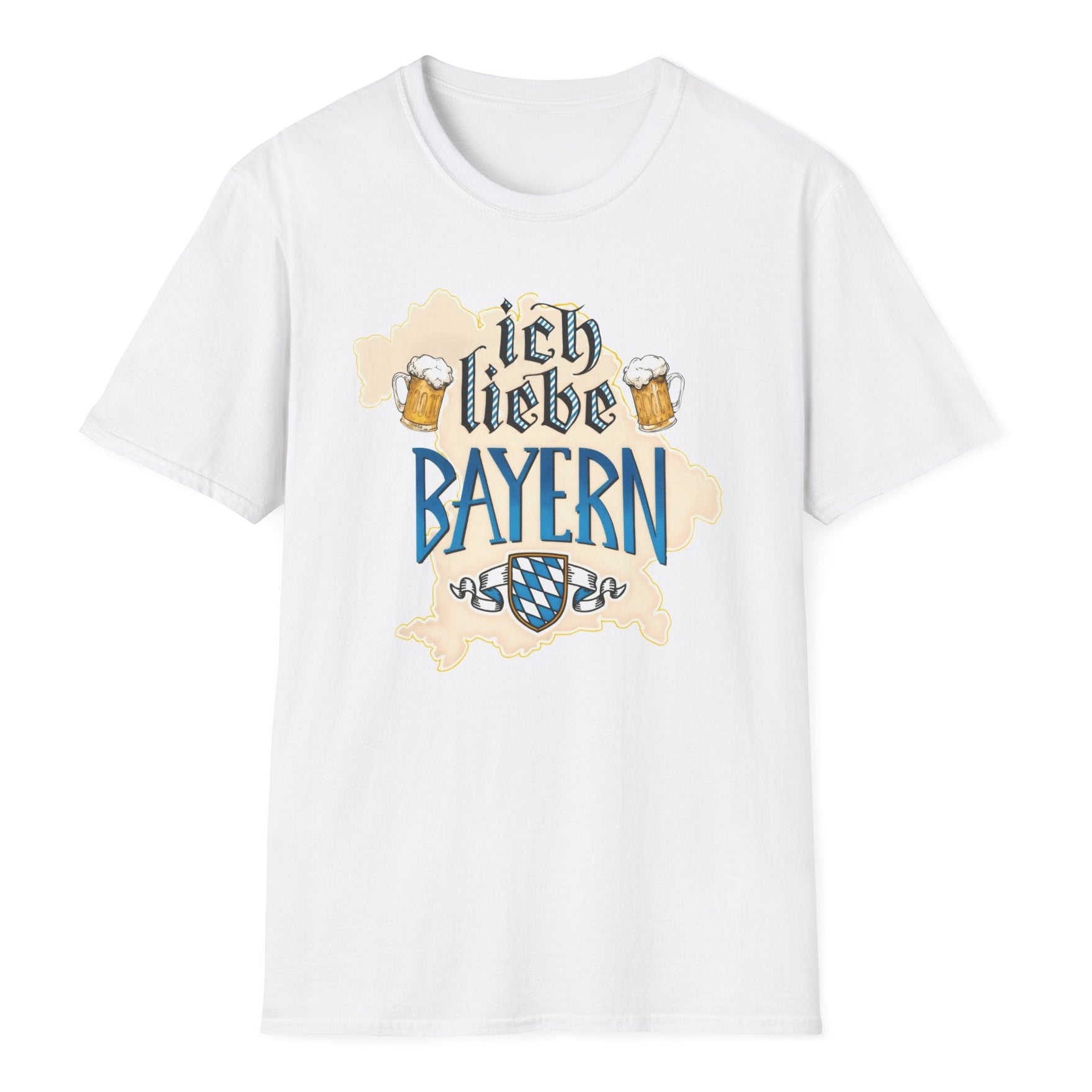 White shirt with German beer festival design showing frothy mugs, blue diamond Bavarian crest,  distressed Bayern typography.