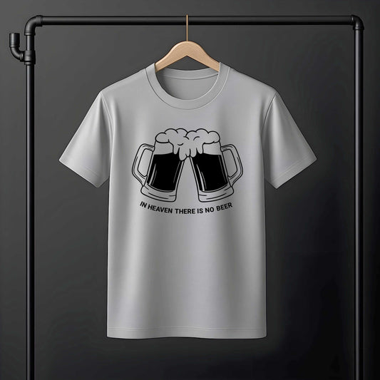 Simple black ink drawing of two beer steins touching in toast with bubble foam and a witty drinking slogan on a gray t-shirt.