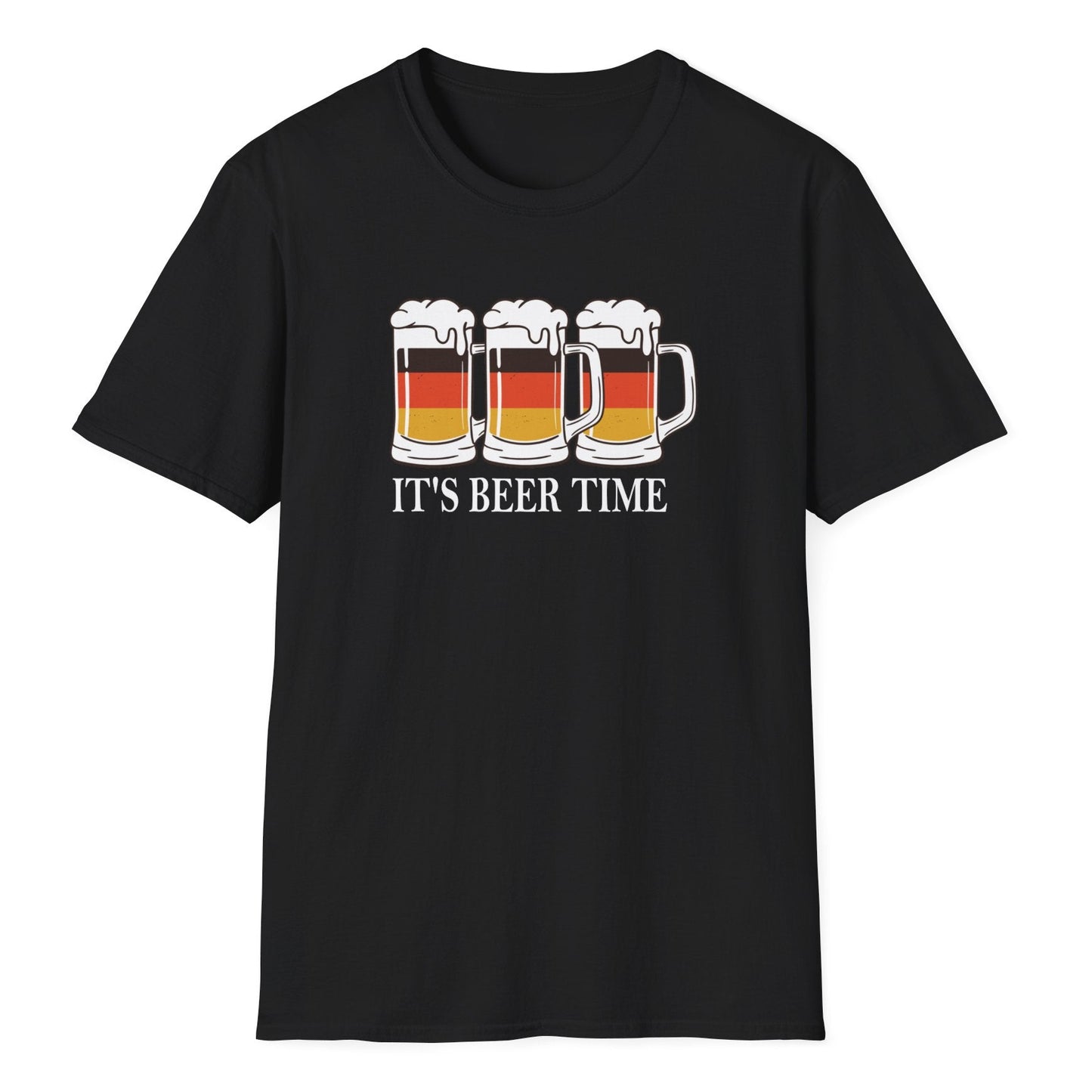 IT'S BEER TIME design featuring a trio of foamy German beer steins in Germany flag colors on a black unisex softstyle t-shirt