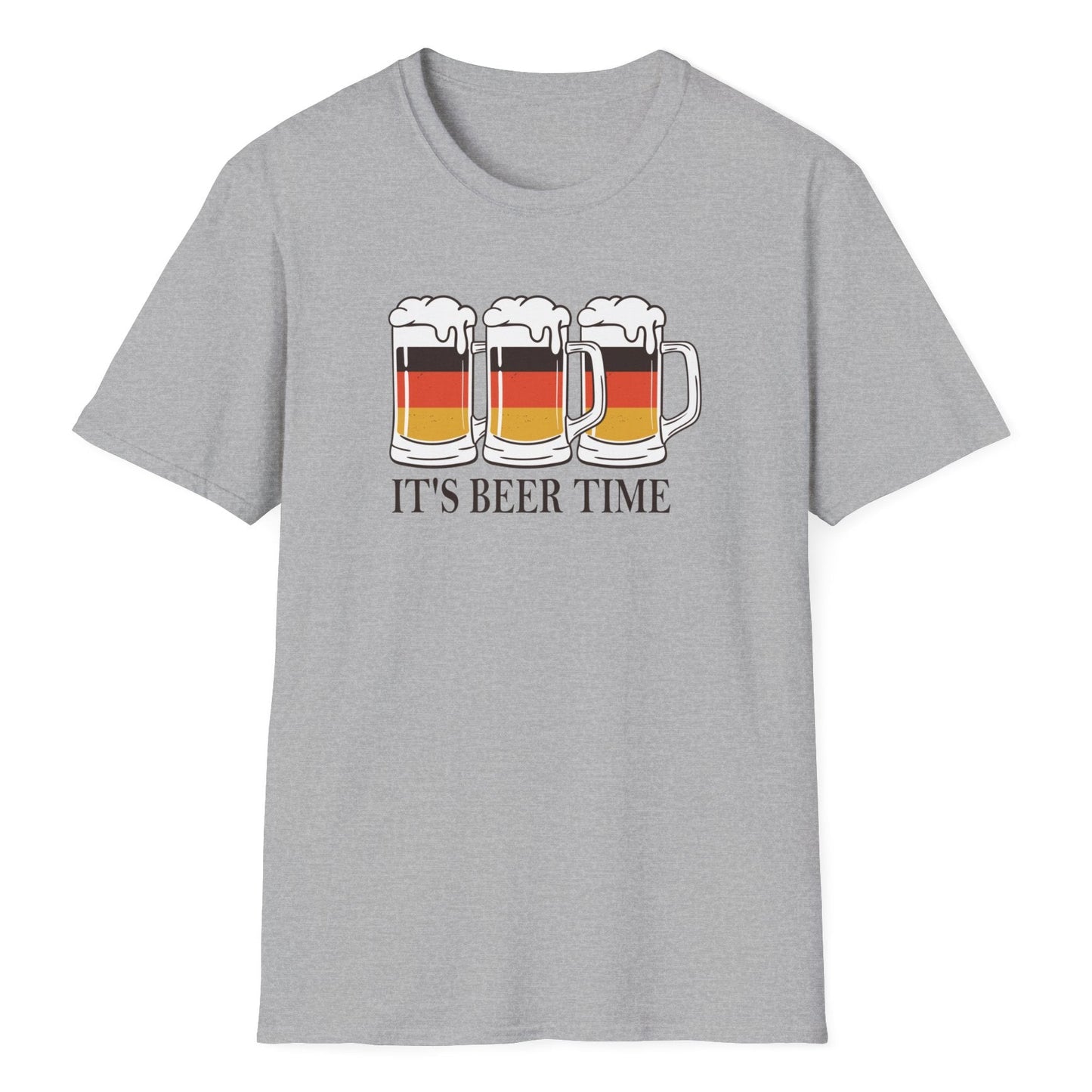 German Oktoberfest-style beer mugs with creamy foam tops in flag colors above IT'S BEER TIME lettering, gray unisex tee shirt