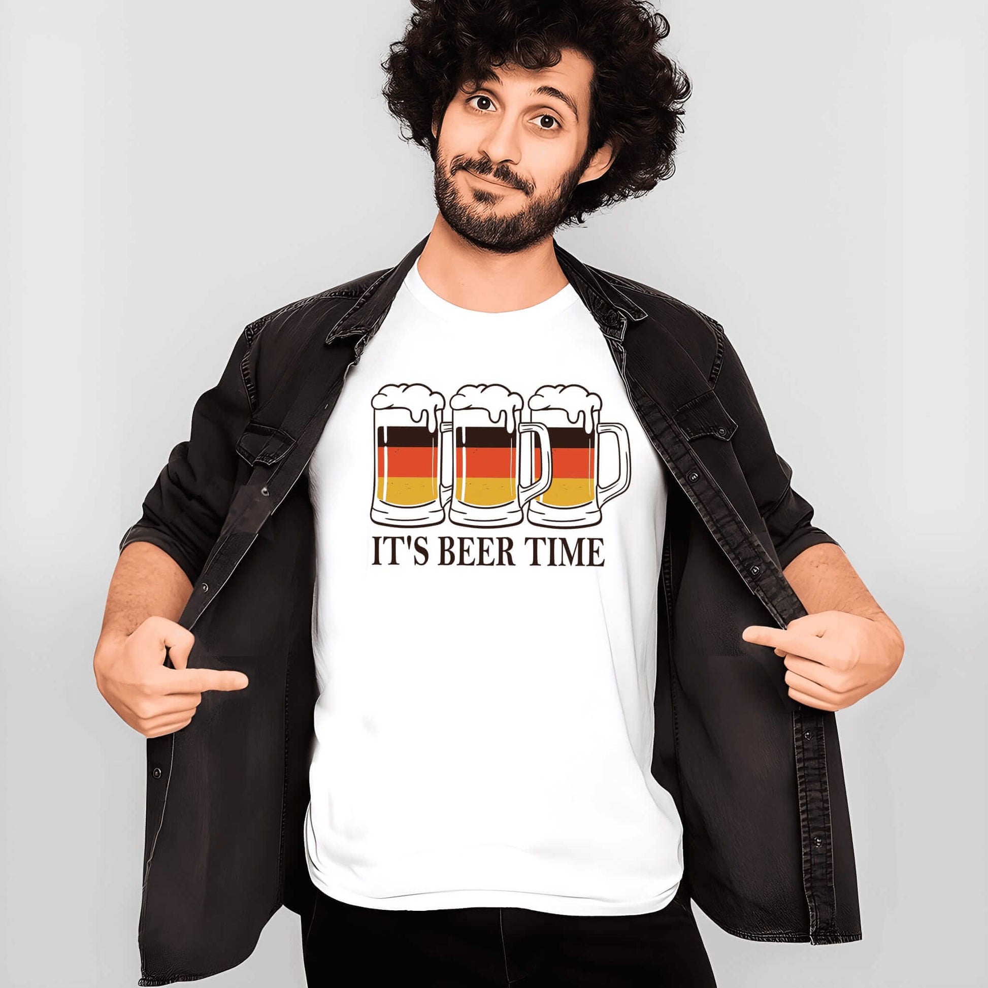 Three German beer mugs with foam in black, red, gold flag colors with IT'S BEER TIME text below on white unisex t-shirt