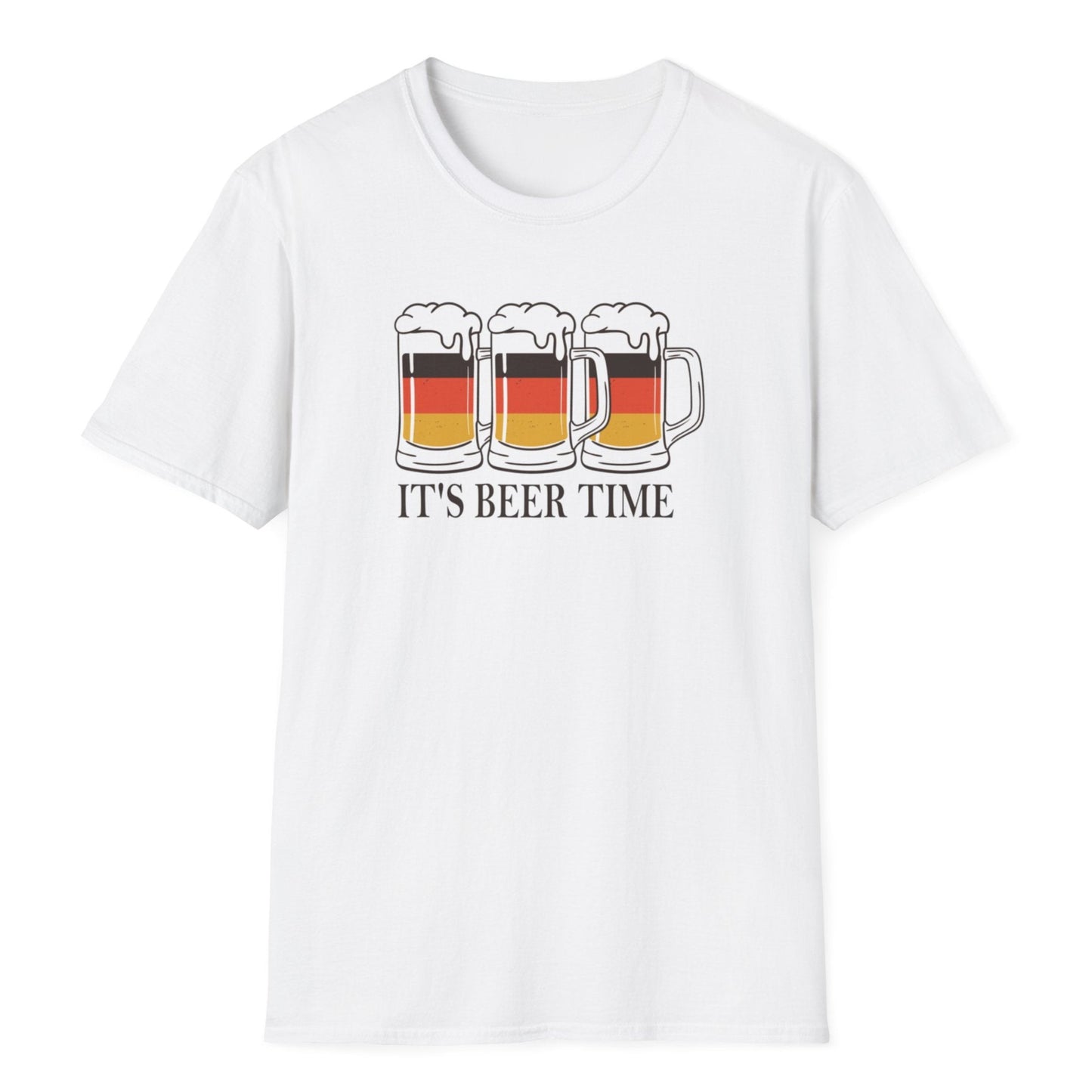 Foamy beer mug trio in German flag hues with IT'S BEER TIME caption printed on white unisex party t-shirt design