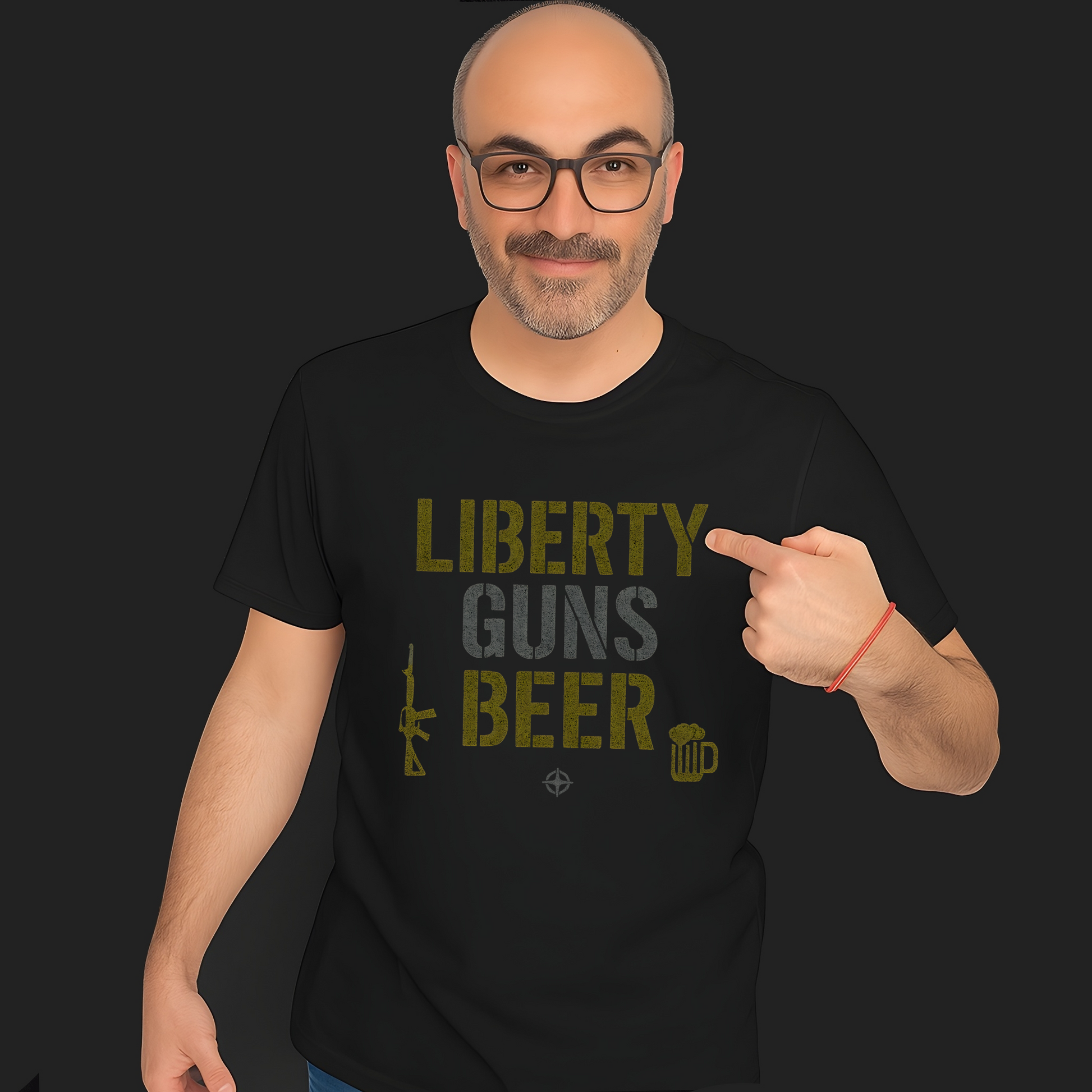 Liberty Guns Beer patriotic design with gold and gray distressed text, rifle silhouette, beer mug icon, crosshair symbol