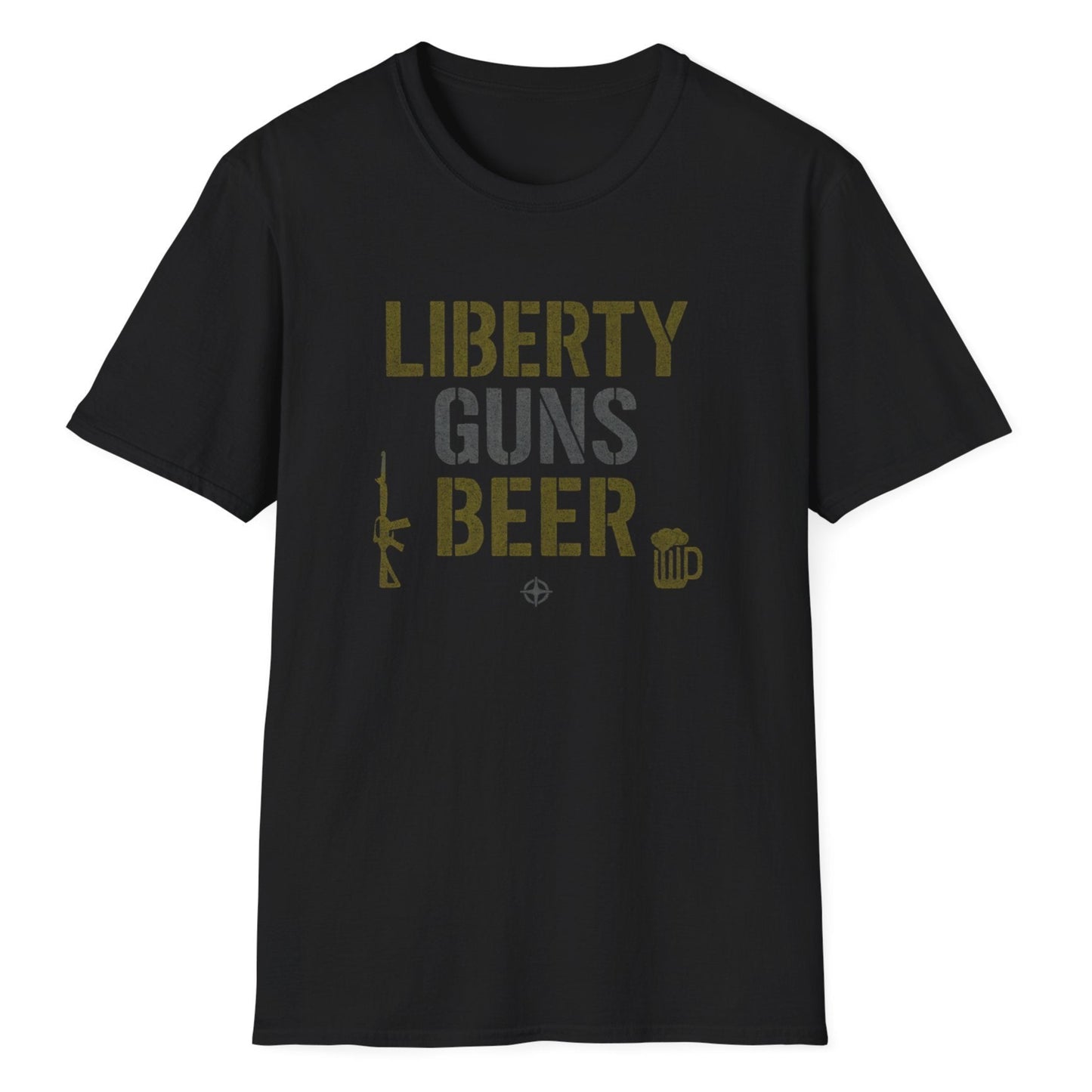 American patriotic shirt featuring Liberty Guns Beer typography in weathered green/gray, tactical crosshair, weapon graphics