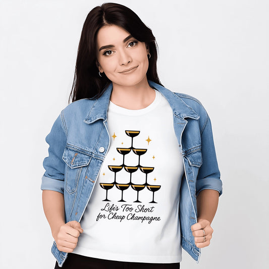 Stacked golden champagne flutes with shimmering accents and elegant black cursive saying “Life’s Too Short for Cheap Champagne.”