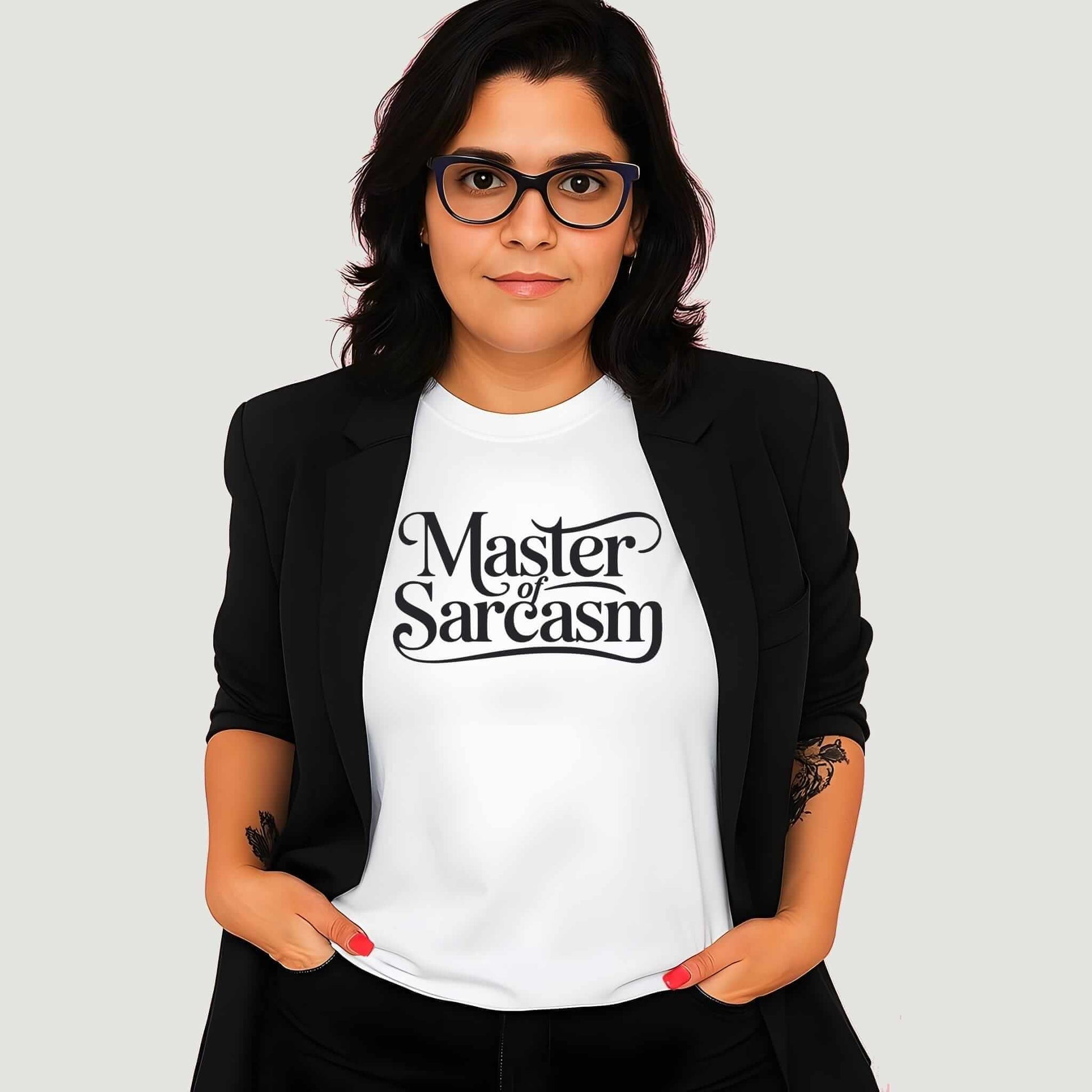 White t-shirt featuring the text "Master of Sarcasm" in elegant calligraphy with connecting swashes between letters.