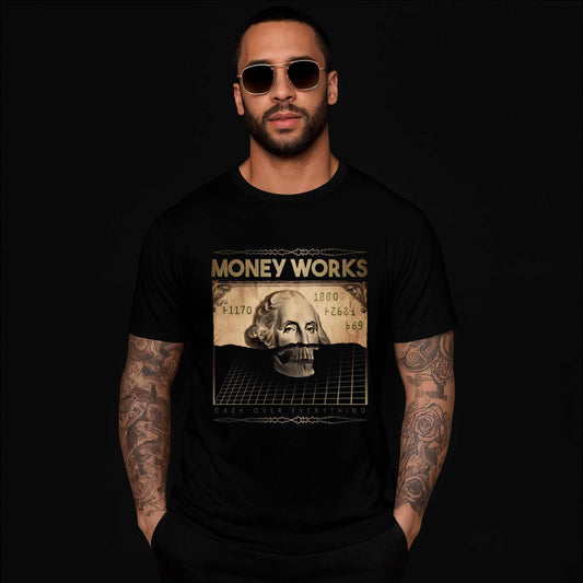 Money Works vintage skull t-shirt with distressed cash bill with retro typography and weathered brown currency design