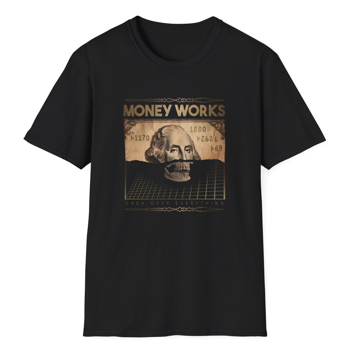Vintage skull merged with aged dollar bill featuring Money Works text in retro style with authentic currency details