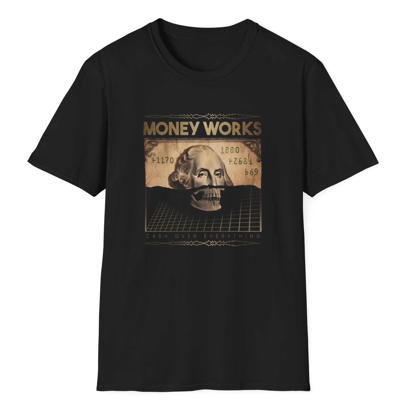 Vintage skull merged with aged dollar bill featuring Money Works text in retro style with authentic currency details