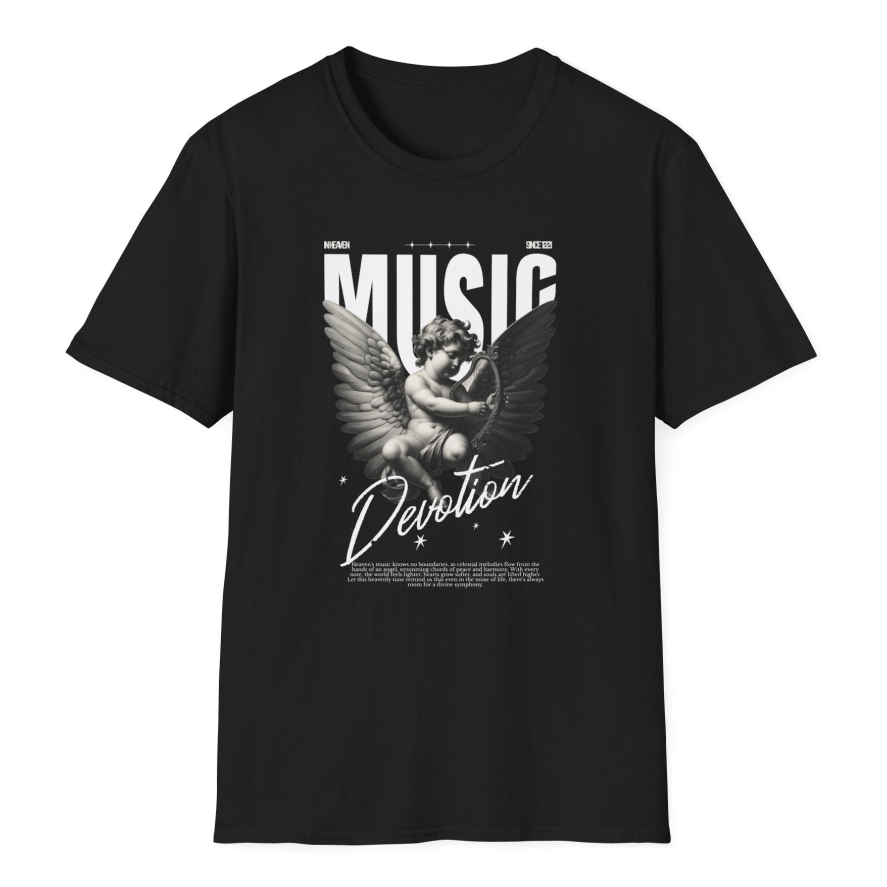Music-themed black shirt featuring bold white typography, a classical winged statue illustration, and elegant script text.