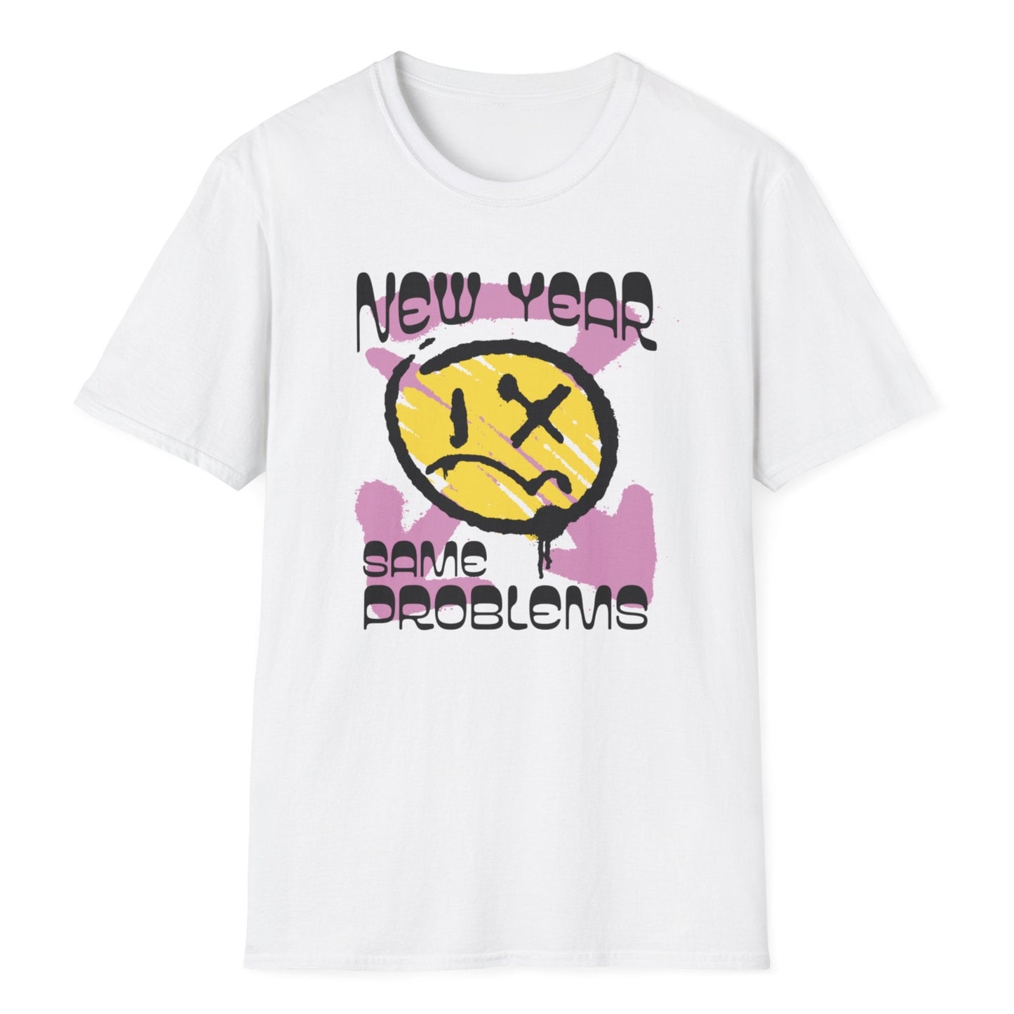 Distressed sarcastic face with crossed eye, vibrant pink accents, and edgy "New Year Same Problems" typography on white tee.