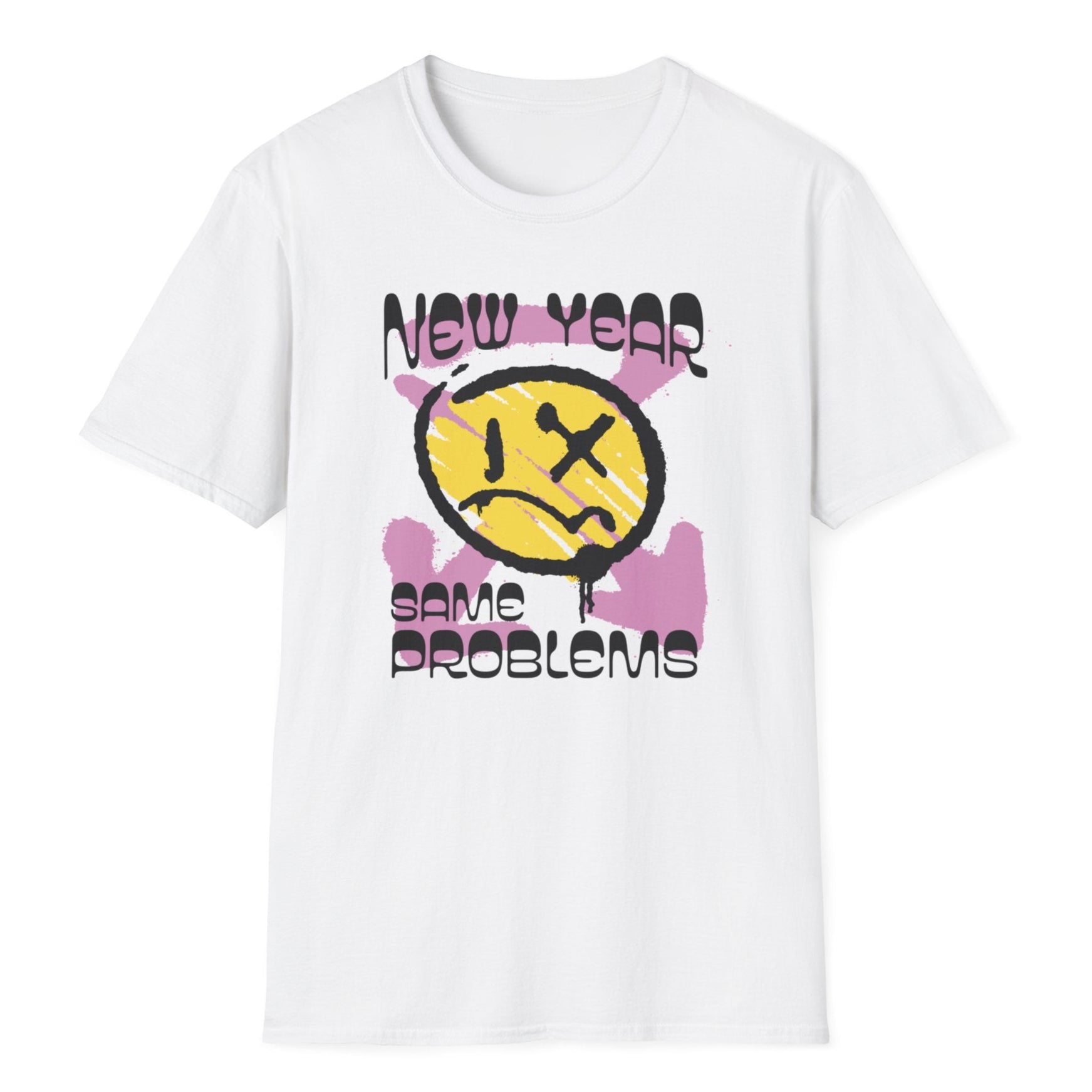 Distressed sarcastic face with crossed eye, vibrant pink accents, and edgy "New Year Same Problems" typography on white tee.