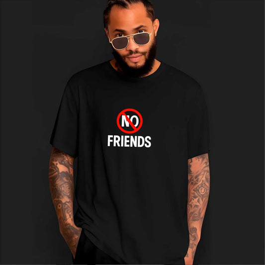 Red circular prohibition sign with NO over white FRIENDS text in bold sans-serif typography, minimalist warning symbol design