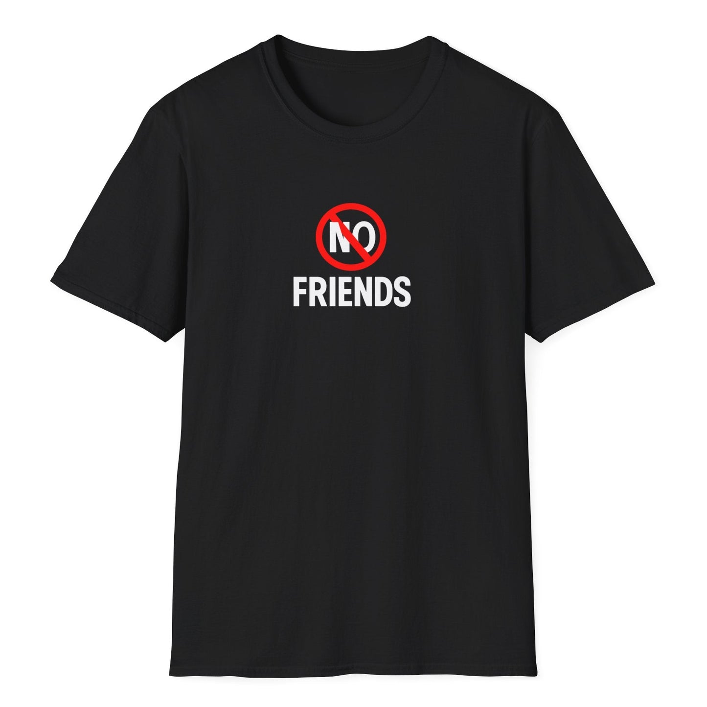 White FRIENDS, crossed out by red circle with NO inside, creating a provocative anti-social statement in clean graphic style