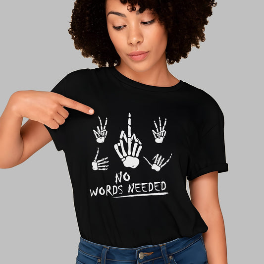 White bone structure hands in pointing, open palm, and peace sign gestures with 'NO WORDS NEEDED' handwritten message below