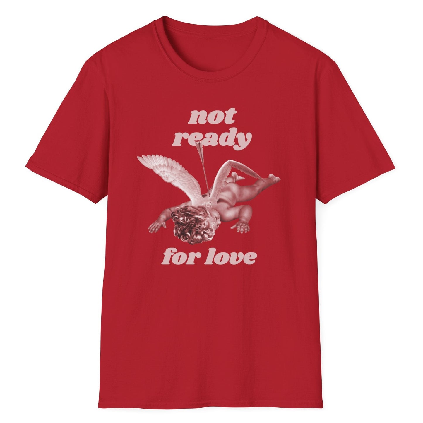 Red t-shirt featuring "Not ready for love" text with fallen cherub illustration, arrow through back, wings outstretched