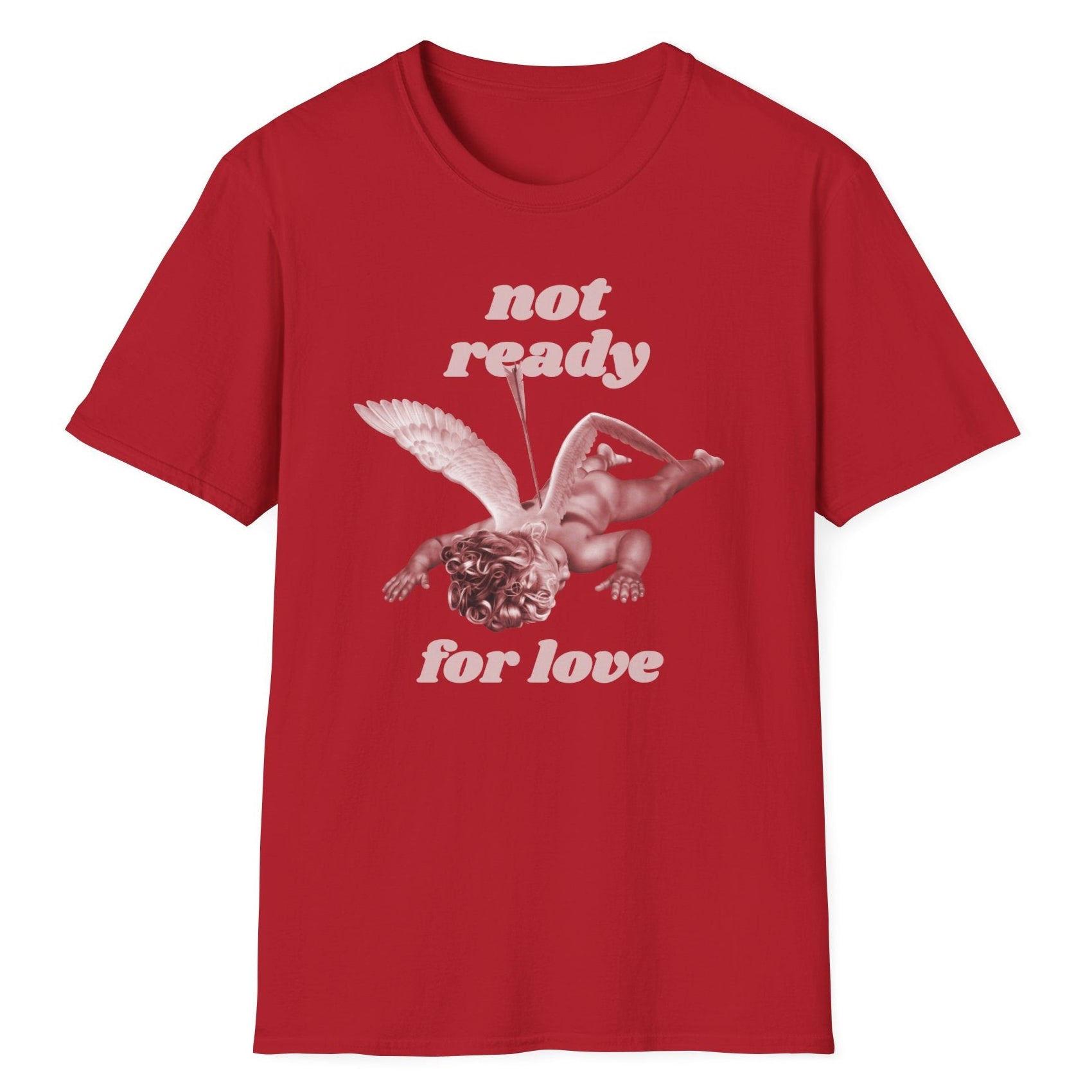 Red t-shirt featuring "Not ready for love" text with fallen cherub illustration, arrow through back, wings outstretched