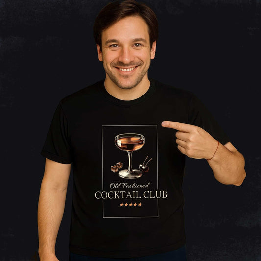 Old Fashioned cocktail glass with cherry, ice, and text "Old Fashioned COCKTAIL CLUB" with decorative stars in vintage style.