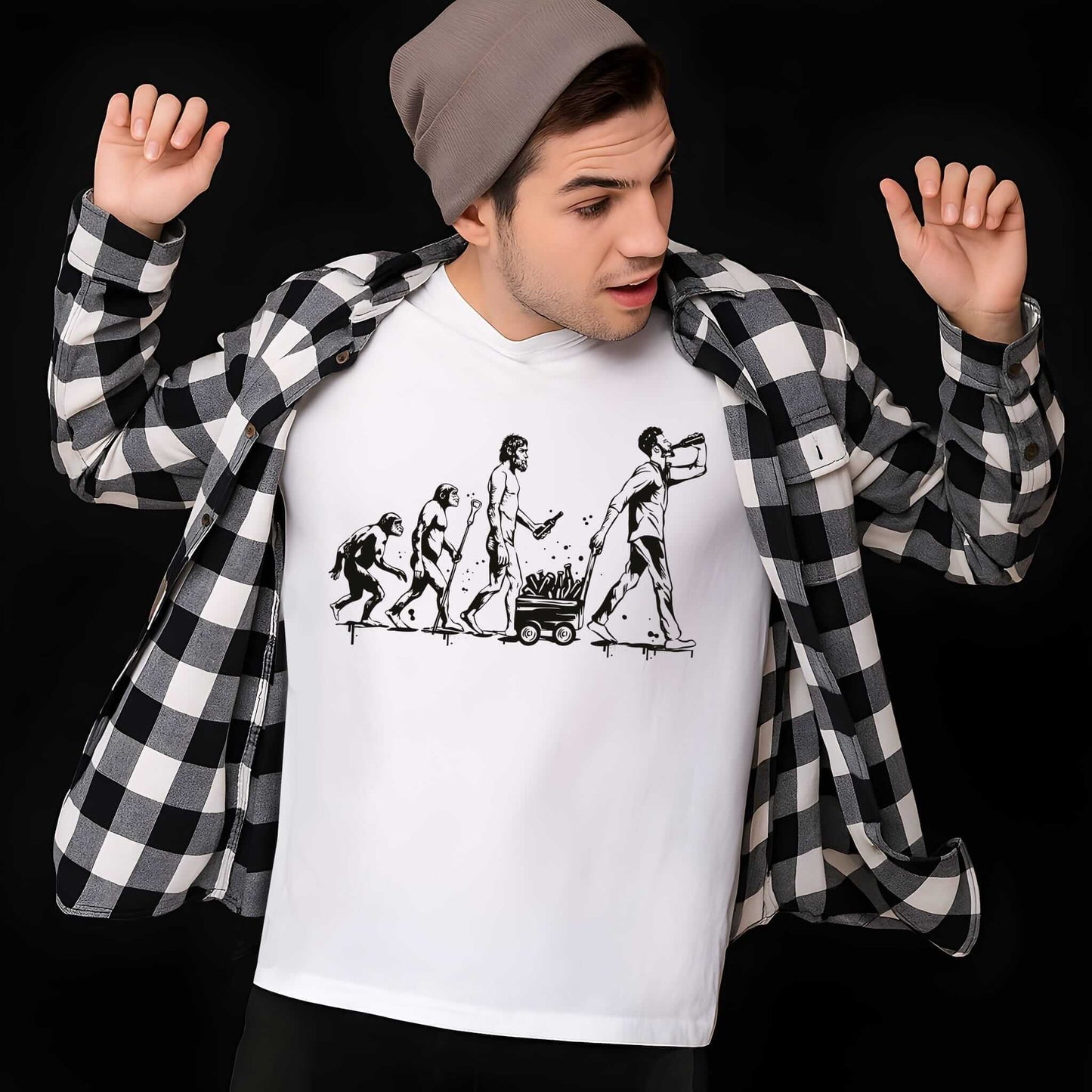 An evolution silhouette design showing progression from ape to modern human pulling a beer cart and drinking, black t-shirt.