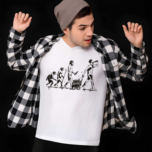 An evolution silhouette design showing progression from ape to modern human pulling a beer cart and drinking, black t-shirt.