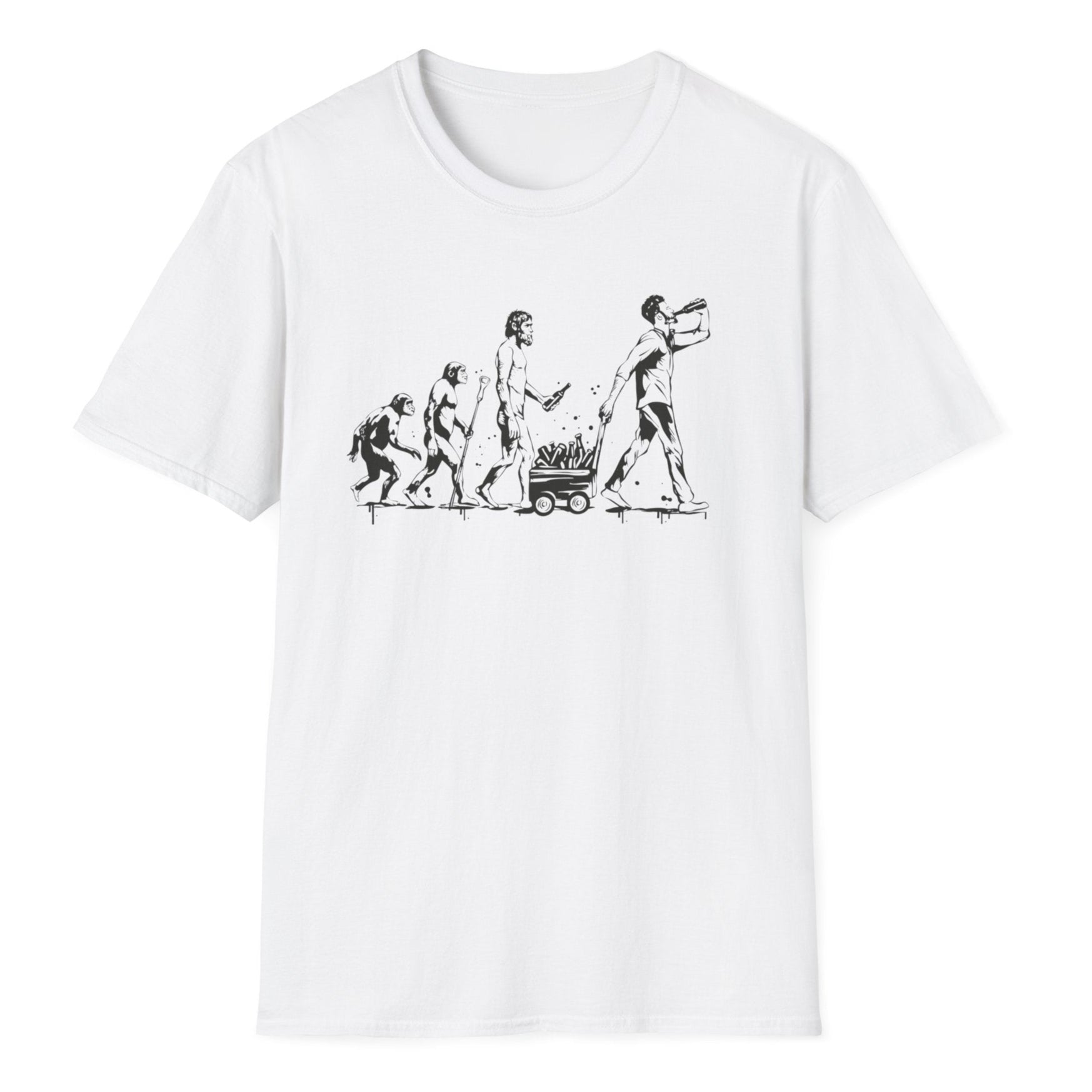 Party evolution graphic featuring five black silhouettes progressing from crouched ape to celebrating human with beer bottle