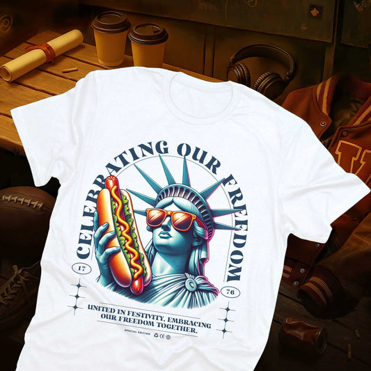 Lady Liberty in sunglasses holding hot dog, "Celebrating Our Freedom" text, patriotic satirical design on white t-shirt