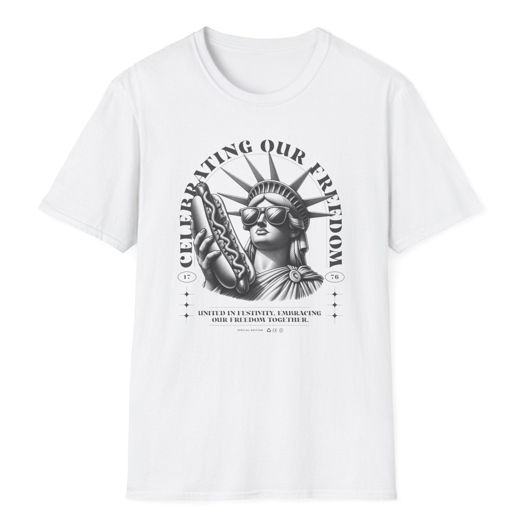 White t-shirt with graphic of Statue of Liberty wearing sunglasses holding hot dog, text 'CELEBRATING OUR FREEDOM' above