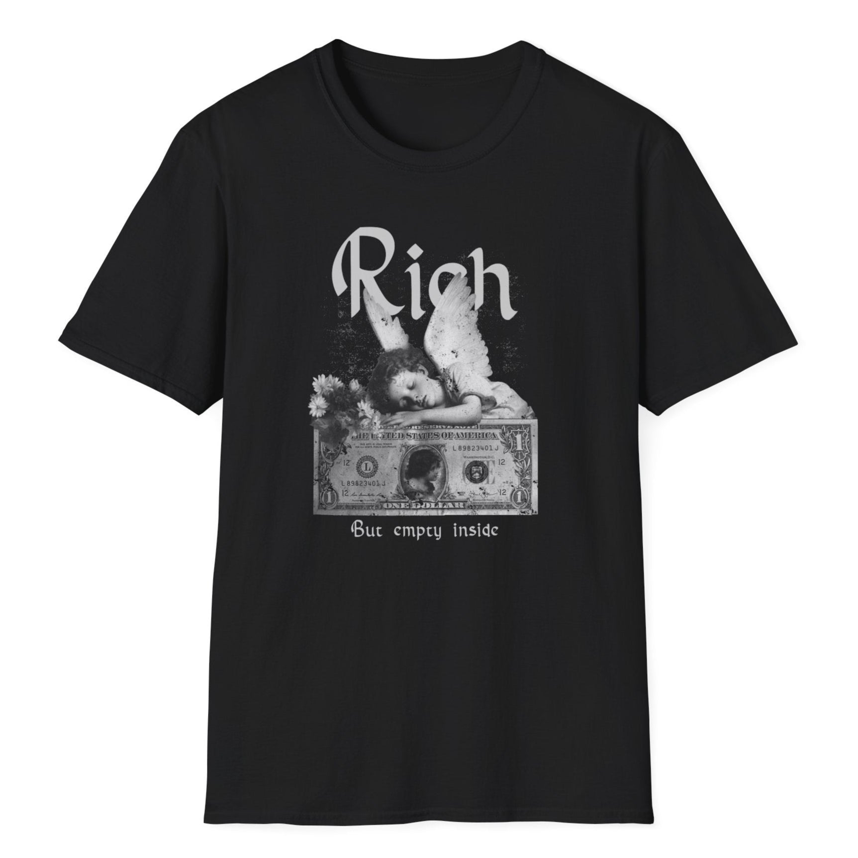 Grunge-style tee featuring "Rich" lettering, cherub with spread wings, one-dollar bill, and handwritten "But empty inside"