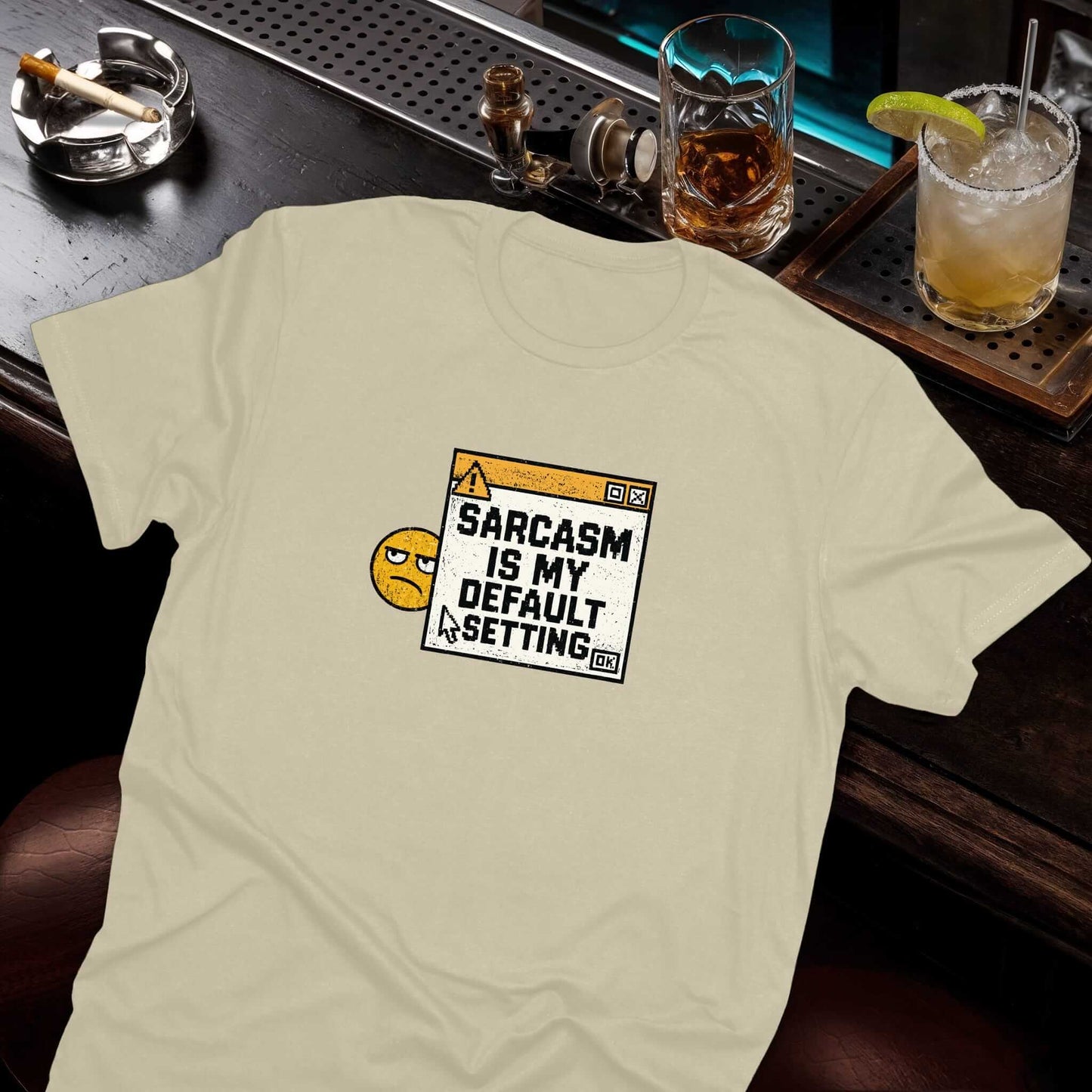 Sarcasm Is My Default Setting vintage computer error message with yellow warning icon and sarcastic face on the beige t-shirt