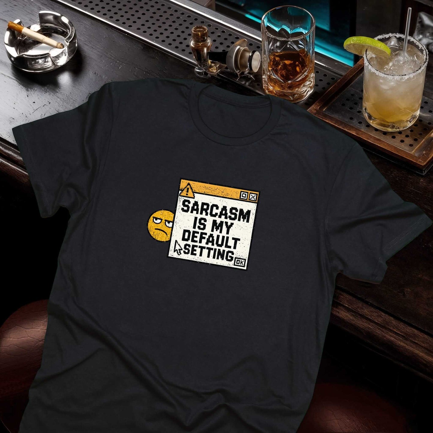 Retro computer error dialog with sarcastic face and bold text on vintage distressed warning box design, black color t-shirt